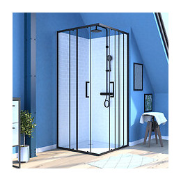Porte De Douche Carrée Coulissante - Verre Sérigraphié Noir 90x90