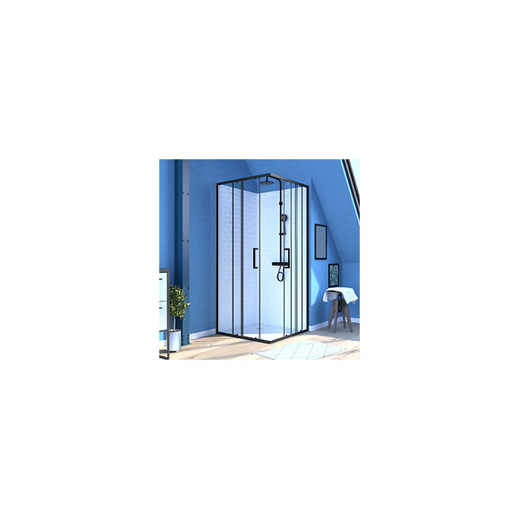 Porte De Douche Carrée Coulissante - Verre Sérigraphié Noir 90x90