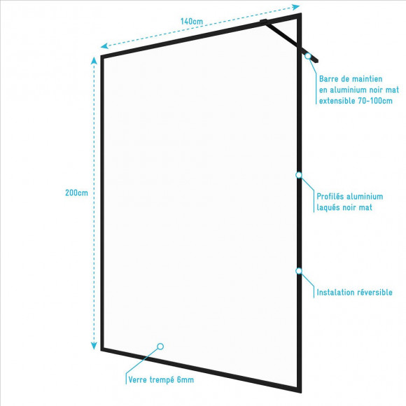 Paroi De Douche A L'italienne 140x200 Verre Trempe 6mm -cadre + Barre De Fixation Ajustable Noir Mat