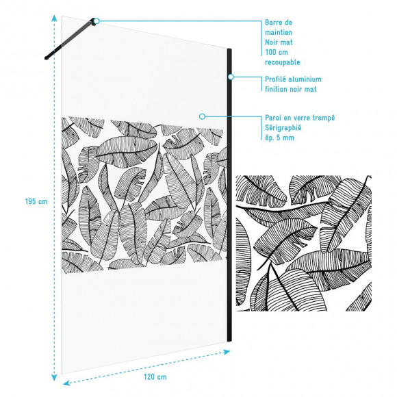 Paroi De Douche 120x195cm Serigraphie Type Jungle - Verre 5mm + Bras De Fixation Redecoupable