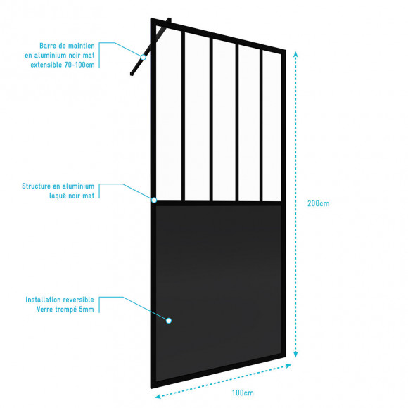 Paroi De Douche A L'italienne - 100x200 Cm Verre Transparent 5mm + Barre De Maintien Noir