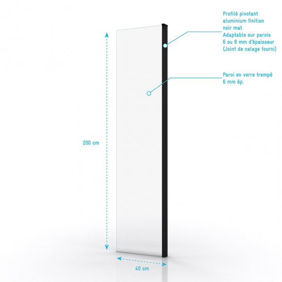 Volet Pivotant 40cm Pour Douche A L'italienne - Verre Transparent 8mm - Profile Noir Mat