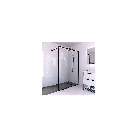 Paroi De Douche A L'italienne 140x200 Verre Trempe 6mm -cadre + Barre De Fixation Ajustable Noir Mat