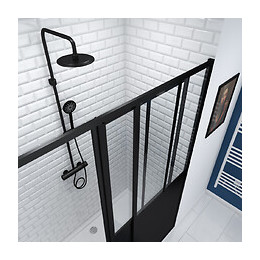 Paroi De Douche A Porte Coulissante Type Atelier - 140x200cm - - Profile Noir Mat - Verre 5mm