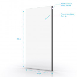 Paroi De Douche A L'italienne Transparent 90x200cm - Profile Noir Mat - Verre Transparent 8mm