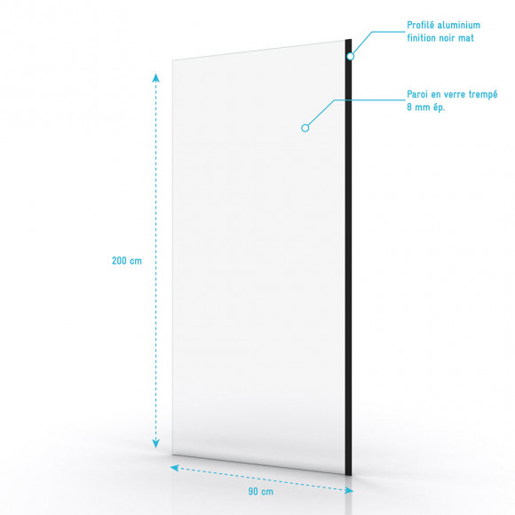 Paroi De Douche A L'italienne Transparent 90x200cm - Profile Noir Mat - Verre Transparent 8mm