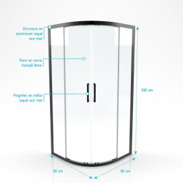 Paroi Porte De Douche Quart De Cercle 90- 90x90x200cm - Profile Noir Mat - Verre Transparent 6mm