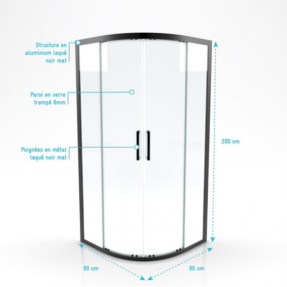 Paroi Porte De Douche Quart De Cercle 90- 90x90x200cm - Profile Noir Mat - Verre Transparent 6mm