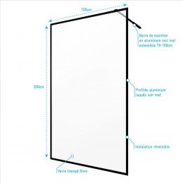 Paroi De Douche A L'italienne 120x200 Verre Trempe 6mm -cadre + Barre De Fixation Ajustable Noir Mat