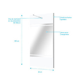 Paroi De Douche 90x200 Cm A L'italienne Avec Bras De Fixation Extensible - Verre 8mm - Bande Miroir