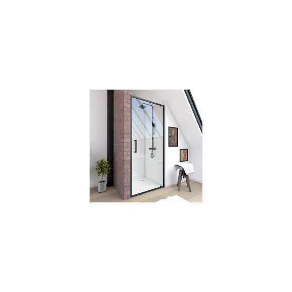 Paroi Porte De Douche A Porte Pivotante - Dim: 80x200cm - Profile Noir Mat - Verre Transparent 6mm