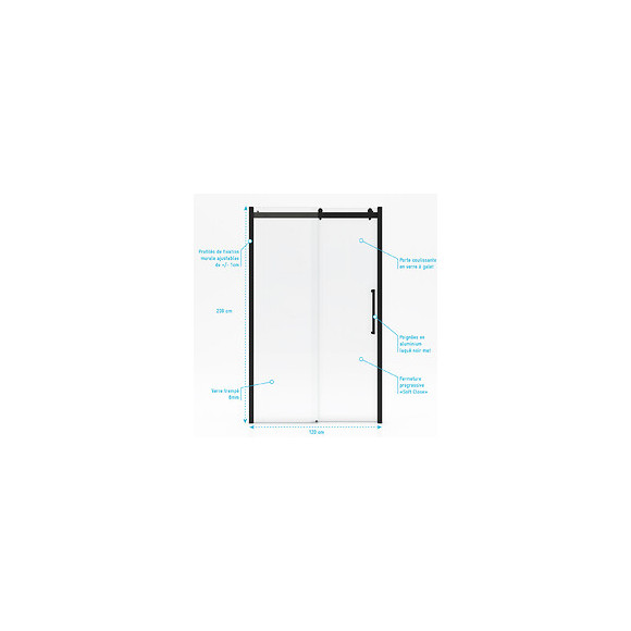 Paroi Porte De Douche Type Industriel Coulissante Noir Mat - 120x200cm - Verre Trempe 8mm