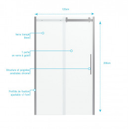 Paroi Porte De Douche 120x200cm Type Industriel Coulissante Chrome- Verre Trempe 8mm