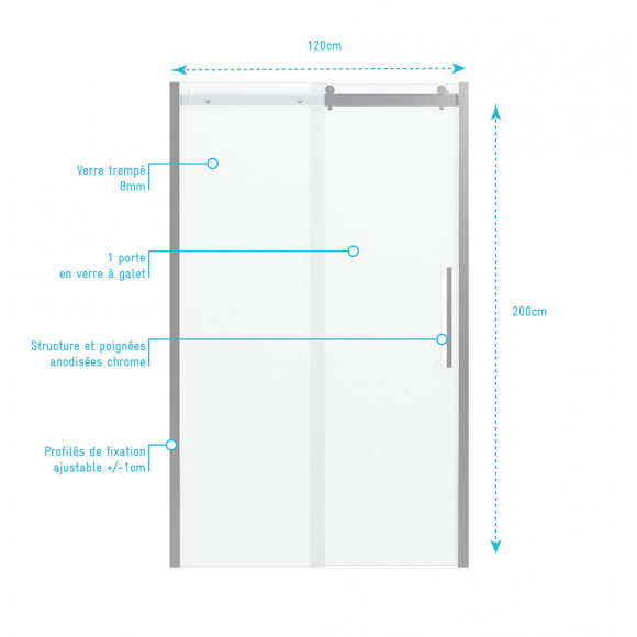 Paroi Porte De Douche 120x200cm Type Industriel Coulissante Chrome- Verre Trempe 8mm