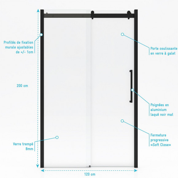 Paroi Porte De Douche Type Industriel Coulissante Noir Mat - 120x200cm - Verre Trempe 8mm