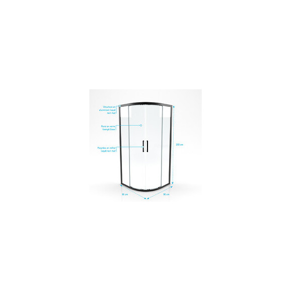 Paroi Porte De Douche Quart De Cercle 90- 90x90x200cm - Profile Noir Mat - Verre Transparent 6mm