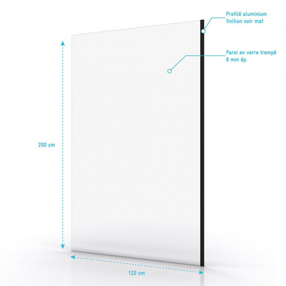 Paroi De Douche A L'italienne Transparent 120x200cm - Verre Transparent 8mm - Profile Noir Mat