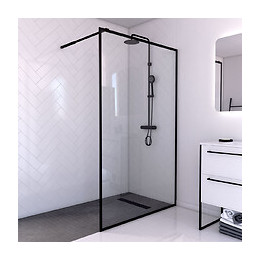 Paroi De Douche A L'italienne 120x200 Verre Trempe 6mm -cadre + Barre De Fixation Ajustable Noir Mat