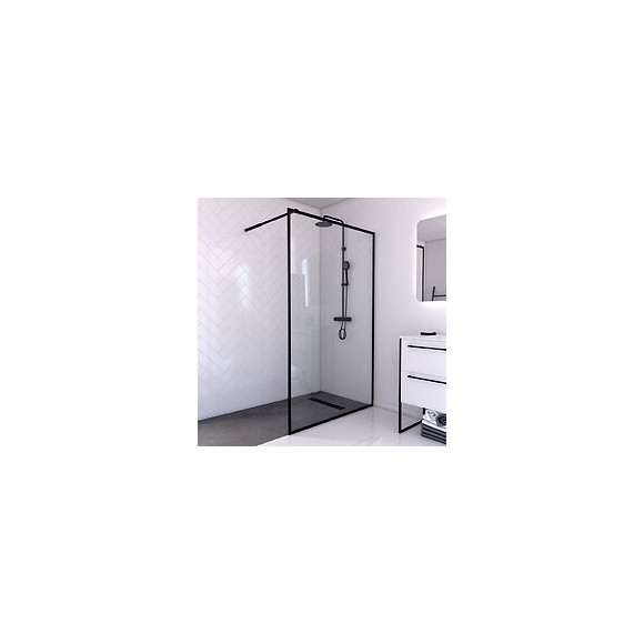 Paroi De Douche A L'italienne 120x200 Verre Trempe 6mm -cadre + Barre De Fixation Ajustable Noir Mat