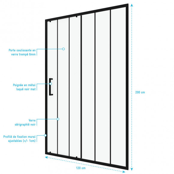 Paroi Porte De Douche Coulissante Sérigraphié - 120x200cm - Profile Noir Mat Verre 6mm - Crushx 120