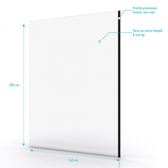 Paroi De Douche A L'italienne Transparent 140x200cm - Profile Noir Mat - Verre Transparent 8mm