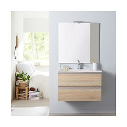 Meuble De Salle De Bain À Suspendre Chêne Oak Bordolino 80 Cm + Miroir + Éclairage - Série Dynamic 2 Tiroirs
