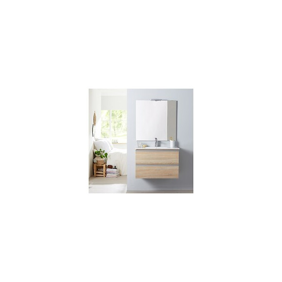 Meuble De Salle De Bain À Suspendre Chêne Oak Bordolino 80 Cm + Miroir + Éclairage - Série Dynamic 2 Tiroirs