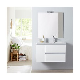 Meuble Salle De Bain 85 Cm À Suspendre Blanc + Miroir + Éclairage - Série Dynamic 2 Tiroirs + 1 Porte