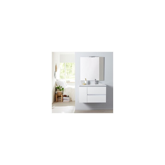 Meuble Salle De Bain 85 Cm À Suspendre Blanc + Miroir + Éclairage - Série Dynamic 2 Tiroirs + 1 Porte