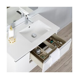 Meuble Salle De Bain 85 Cm À Suspendre Blanc + Miroir + Éclairage - Série Dynamic 2 Tiroirs + 1 Porte