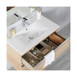 Meuble De Salle De Bain À Suspendre Chêne Oak Bordolino 80 Cm + Miroir + Éclairage - Série Dynamic 2 Tiroirs
