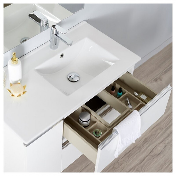 Meuble Salle De Bain 85 Cm À Suspendre Blanc + Miroir + Éclairage - Série Dynamic 2 Tiroirs + 1 Porte