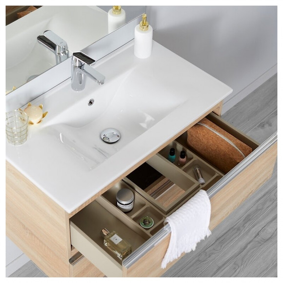 Meuble De Salle De Bain À Suspendre Chêne Oak Bordolino 80 Cm + Miroir + Éclairage - Série Dynamic 2 Tiroirs