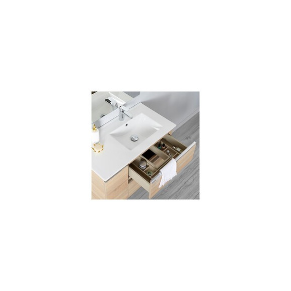 Meuble Salle De Bain 85 Cm À Suspendre Oak Bordolino + Miroir + Éclairage - Série Dynamic 2 Tiroirs + 1 Porte