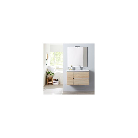 Meuble Salle De Bain 85 Cm À Suspendre Oak Bordolino + Miroir + Éclairage - Série Dynamic 2 Tiroirs + 1 Porte