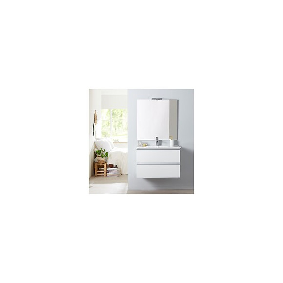 Meuble De Salle De Bain À Suspendre Blanc 80 Cm + Miroir + Éclairage - Série Dynamic 2 Tiroirs