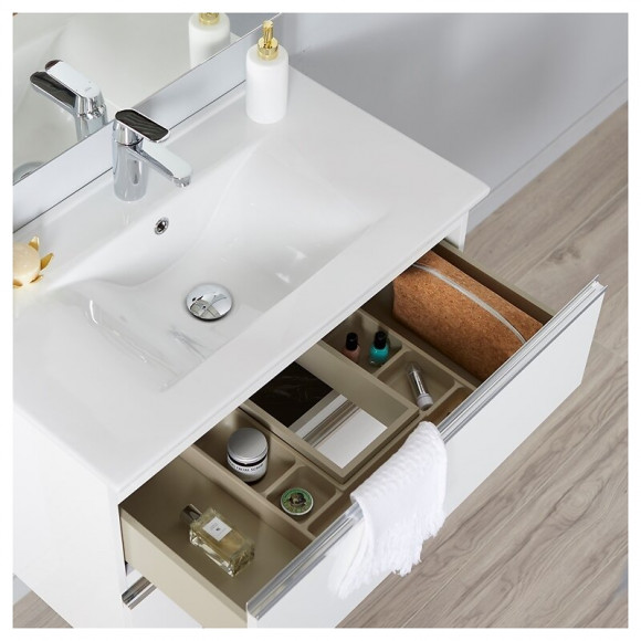 Meuble De Salle De Bain À Suspendre Blanc 80 Cm + Miroir + Éclairage - Série Dynamic 2 Tiroirs