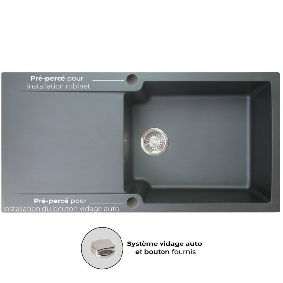 Lisse Évier Réversible 1 Grande Cuve 1 Égouttoir En Résine Noir