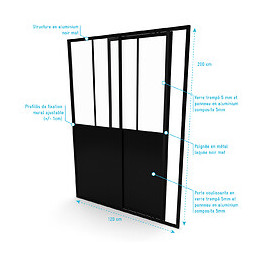 Paroi De Douche Coulissante Type Atelier - 120x200cm - Profile Noir Mat - Verre Transparent 5mm
