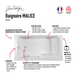 Baignoire Bain Douche Malice Blanche, 170 X 90 - Version Gauche