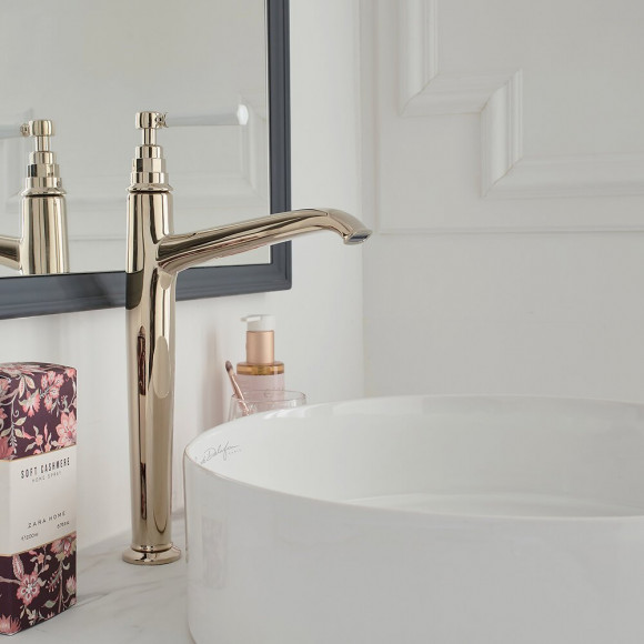 Mitigeur Lavabo - Modèle Haut - Avec Flexibles D Alimentation Cleo, Or Beige