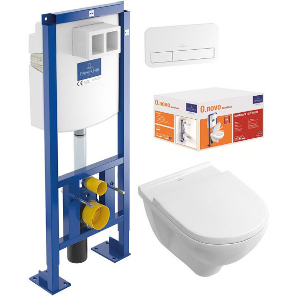 Pack Wc Suspendu Sans Bride O.novo + Abattant + Plaque Blanche + Bâti Villeroy & Boch