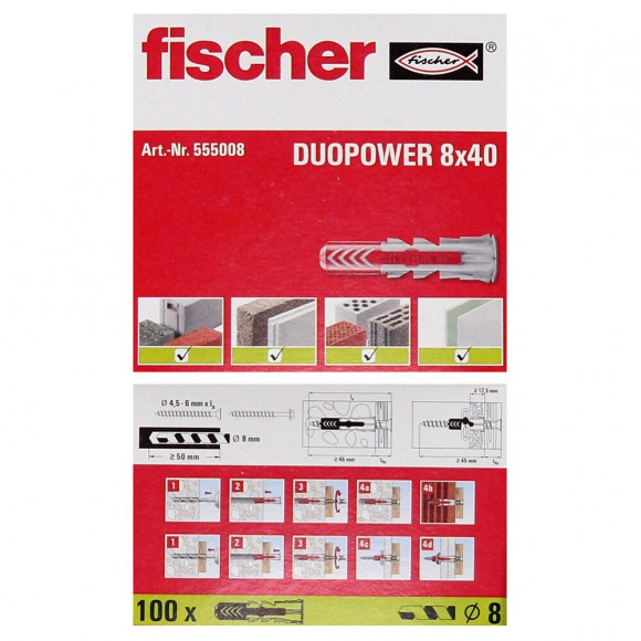 Cheville Duopower Fischer - Taille - 8x40 - Boîte De 100