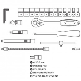 Dtools - Jeu De Clés À Douille - 46 Pièces - Dimensions De Fixation 1/4 Pouce - Mallette De Transport - Rouge