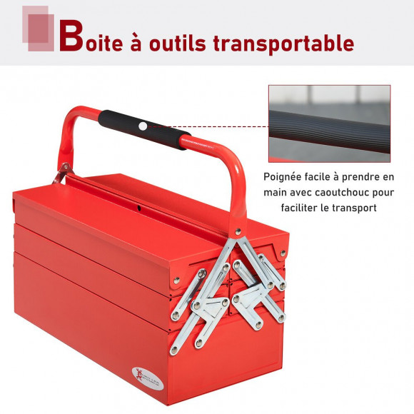 Boite À Outils Métallique - Coffret À Outils - Caisse À Outils 3 Niveaux 5 Plateaux Rétractables - Tôle Acier Rouge