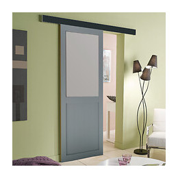 Porte Coulissante Modele Athena Style Atelier  En Enrobe Gris Clair Largeur 73 + Rail Alu Bandeau Noir + 2 Coquilles Posees