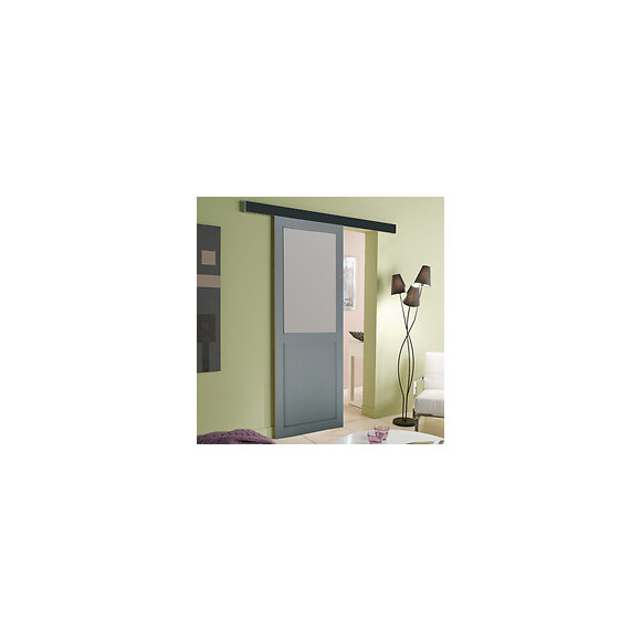 Porte Coulissante Modele Athena Style Atelier  En Enrobe Gris Clair Largeur 73 + Rail Alu Bandeau Noir + 2 Coquilles Posees