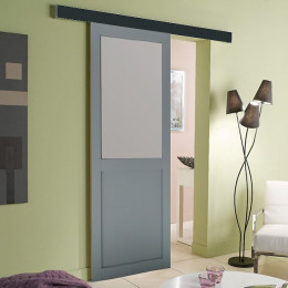 Porte Coulissante Modele Athena Style Atelier  En Enrobe Gris Clair Largeur 73 + Rail Alu Bandeau Noir + 2 Coquilles Posees