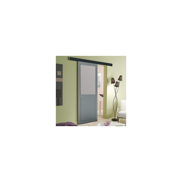 Porte Coulissante Modele Athena Style Atelier  En Enrobe Gris Clair Largeur 73 + Rail Alu Bandeau Noir + 2 Coquilles Posees