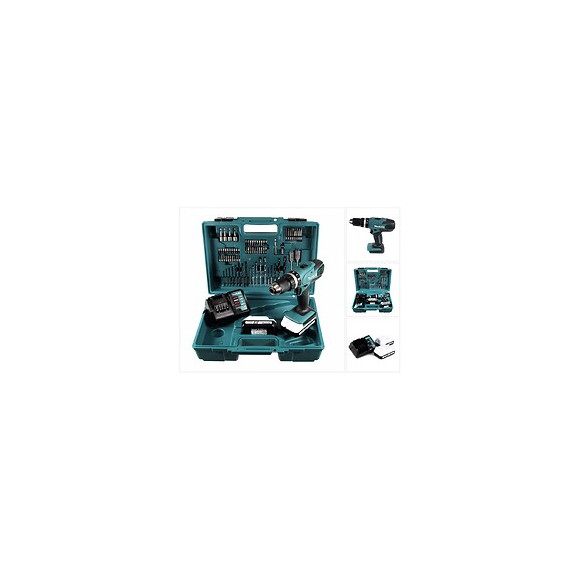 Makita Hp 457 Dwe Perceuse-visseuse À Percussion Sans Fil 18 V G-serie + 2x Batteries 1,5 Ah + Chargeur + 74 Pièces D'accesso